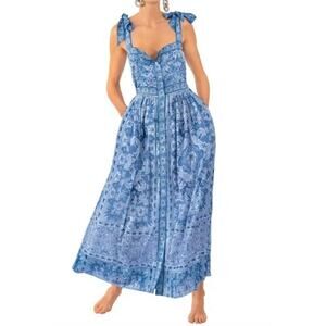 Gretchen Scott Fun the Sun Maxi Dress Blue Floral Size Large Sundress Beach NEW